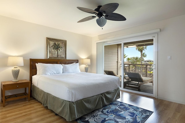 bedroom featuring access to exterior, ceiling fan, and hardwood / wood-style floors