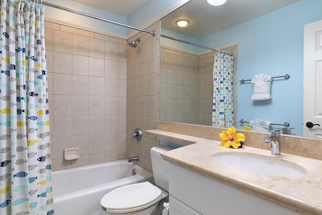 full bathroom with shower / bathtub combination with curtain, vanity, and toilet