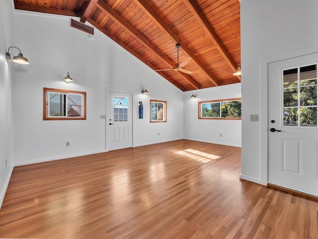 unfurnished living room featuring beamed ceiling, a healthy amount of sunlight, and light wood-type flooring