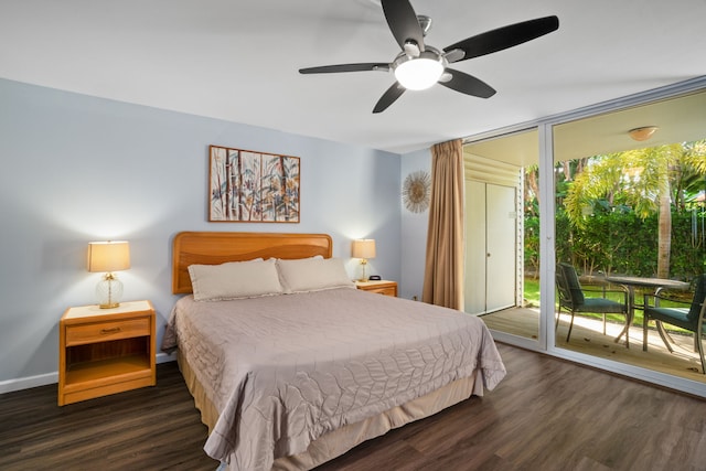 bedroom featuring access to exterior, dark hardwood / wood-style flooring, and ceiling fan