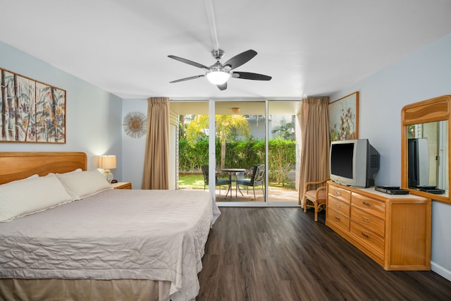 bedroom with ceiling fan, dark hardwood / wood-style floors, access to outside, and multiple windows