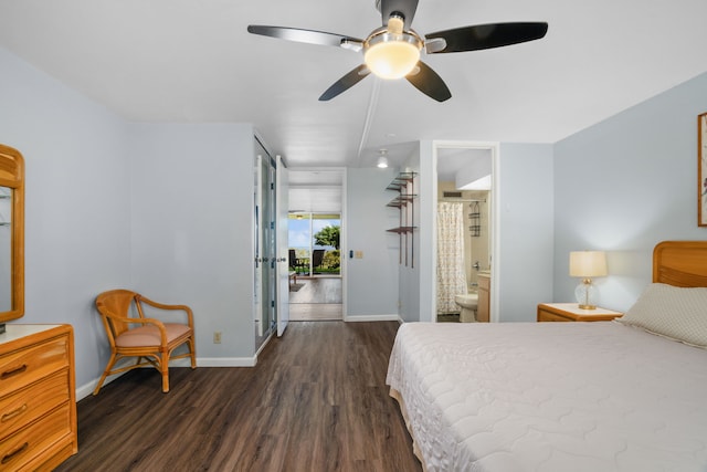 bedroom with ensuite bathroom, dark hardwood / wood-style floors, and ceiling fan