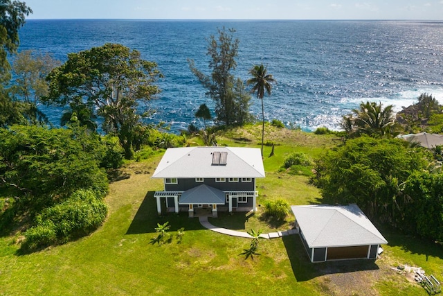 aerial view featuring a water view