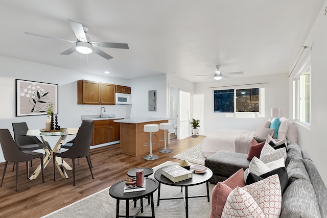 living room featuring electric panel, light hardwood / wood-style floors, ceiling fan, and sink