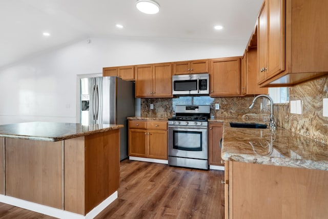 kitchen featuring dark hardwood / wood-style floors, lofted ceiling, sink, and appliances with stainless steel finishes