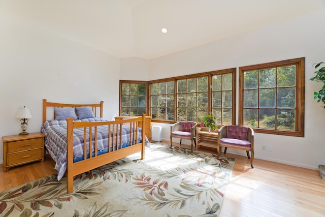 bedroom featuring light hardwood / wood-style flooring and multiple windows