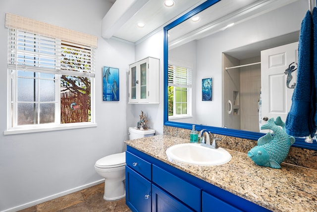 bathroom featuring vanity, toilet, and walk in shower