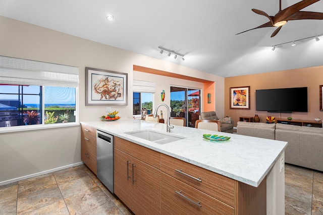 kitchen featuring stainless steel dishwasher, ceiling fan, sink, and rail lighting