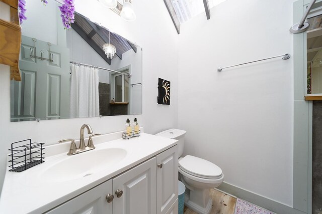 bathroom with wood-type flooring, vanity, toilet, and a shower with curtain