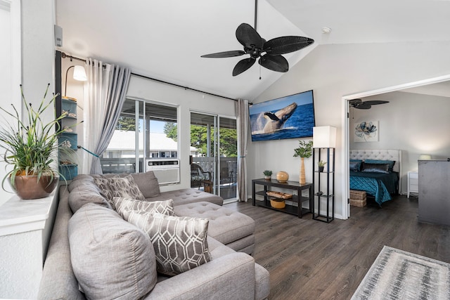 living room with dark hardwood / wood-style flooring, ceiling fan, and lofted ceiling