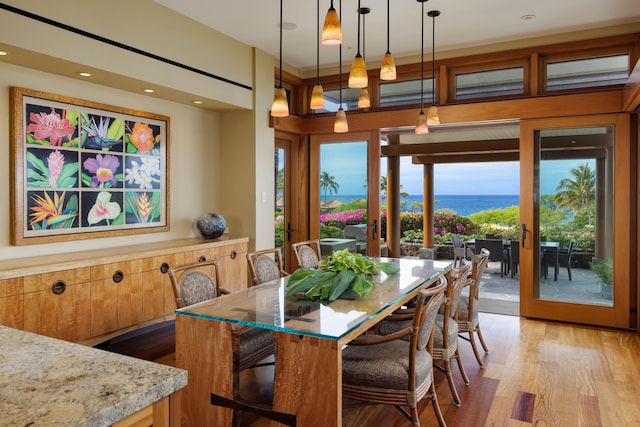 dining space featuring a water view and light wood-style flooring