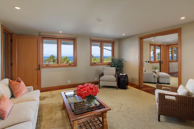 living area featuring baseboards and recessed lighting