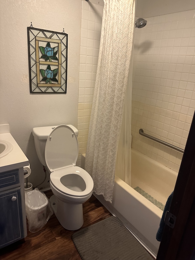 full bathroom featuring shower / bathtub combination with curtain, vanity, toilet, and wood-type flooring