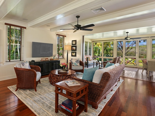 living room featuring ceiling fan, crown molding, and dark hardwood / wood-style floors