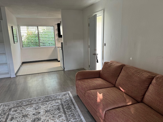 living room with hardwood / wood-style floors and a textured ceiling