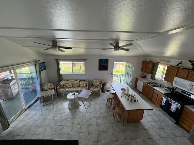 living room featuring a textured ceiling, plenty of natural light, and ceiling fan