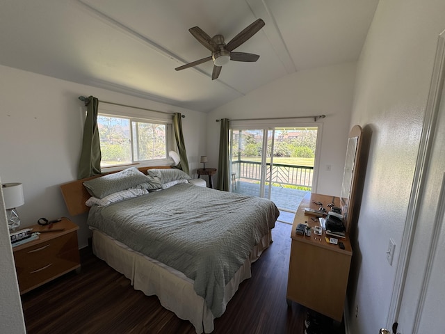 bedroom with multiple windows, dark hardwood / wood-style floors, vaulted ceiling, and ceiling fan