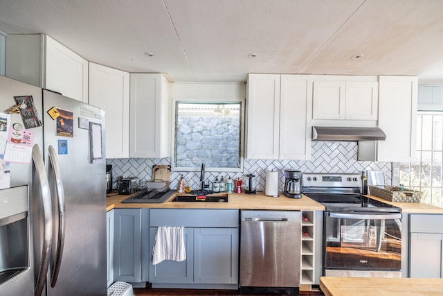 kitchen featuring butcher block countertops, white cabinetry, and stainless steel appliances