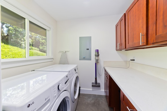 laundry room with cabinets, electric panel, dark tile patterned floors, and washing machine and clothes dryer