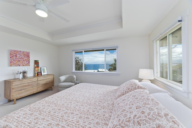 carpeted bedroom with a tray ceiling, multiple windows, and ceiling fan