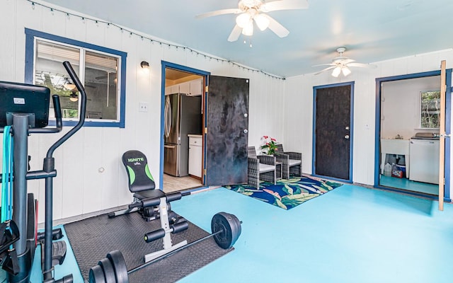 exercise area featuring ceiling fan and plenty of natural light