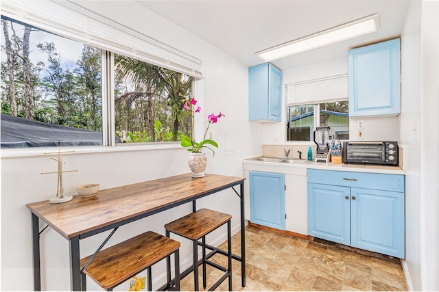 kitchen with blue cabinets and sink