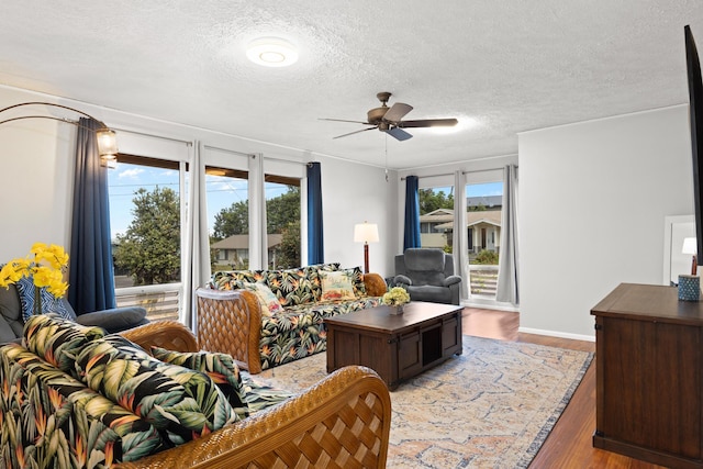 living room featuring hardwood / wood-style flooring, ceiling fan, and a textured ceiling