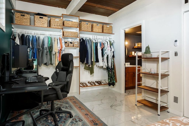 office space featuring beamed ceiling and wooden ceiling