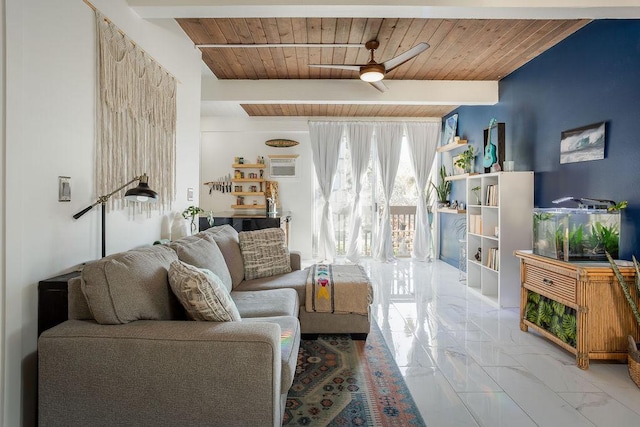 living room with beamed ceiling, ceiling fan, and wood ceiling