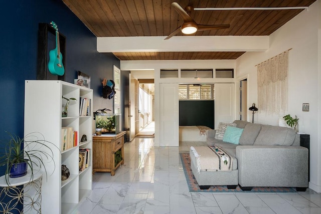 living room with beam ceiling, ceiling fan, and wood ceiling