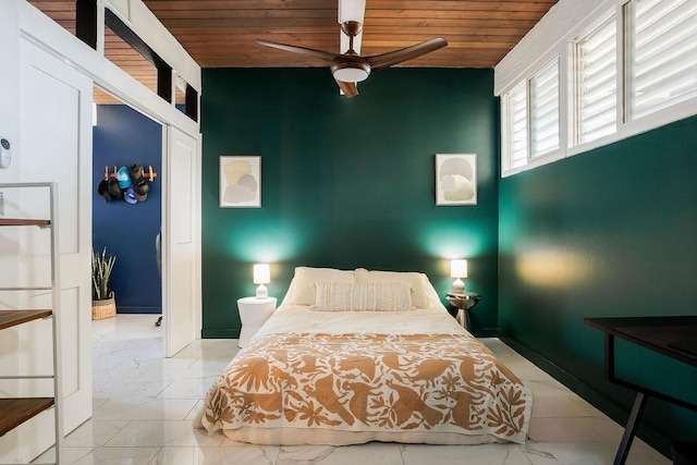 bedroom featuring ceiling fan, a closet, and wood ceiling