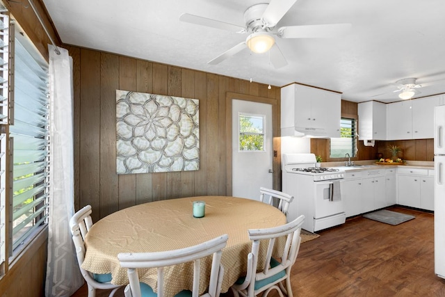 dining room featuring wood walls, dark wood finished floors, and a ceiling fan