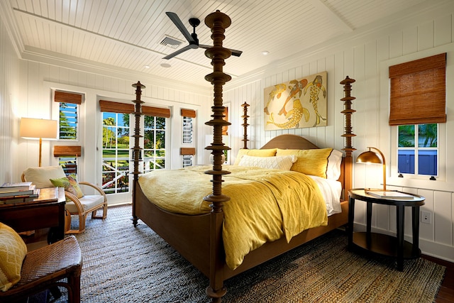 bedroom with dark wood-type flooring, wooden walls, ceiling fan, access to exterior, and wood ceiling