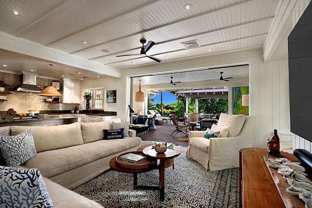 living room with beam ceiling, ceiling fan, wood ceiling, and wood-type flooring