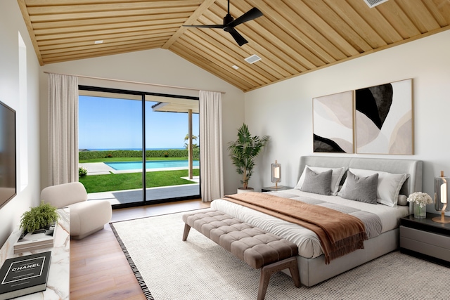 bedroom featuring wood ceiling, access to exterior, light wood-type flooring, and a water view