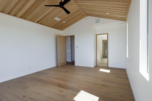 empty room featuring ceiling fan, light wood-type flooring, wood ceiling, and vaulted ceiling