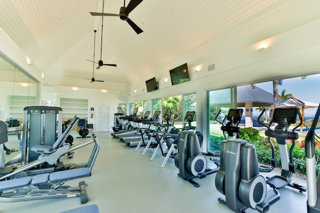 gym with ceiling fan, wooden ceiling, and high vaulted ceiling