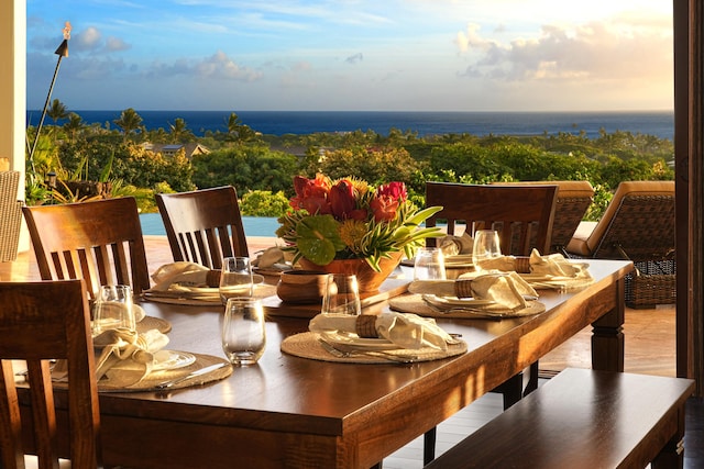 balcony at dusk with a water view