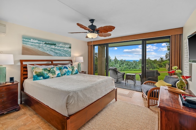 bedroom featuring ceiling fan, a wall unit AC, and access to outside