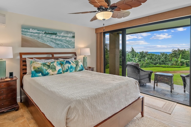 bedroom with access to exterior and ceiling fan