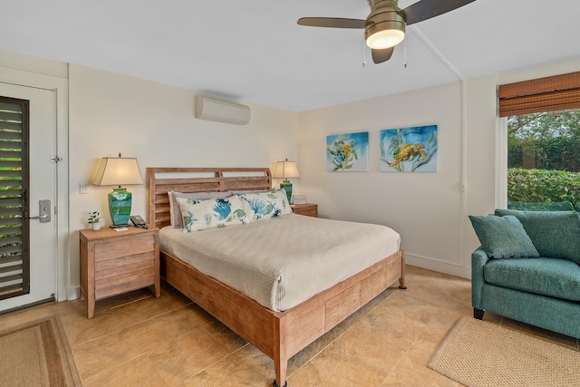 bedroom with a wall mounted air conditioner and ceiling fan