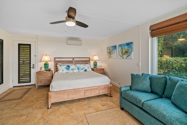 bedroom featuring a wall unit AC, access to exterior, and ceiling fan