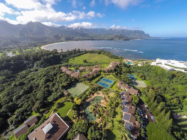 birds eye view of property featuring a water and mountain view