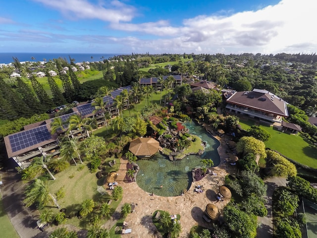 birds eye view of property featuring a water view