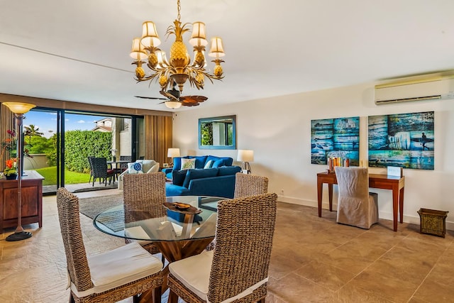 dining area with an AC wall unit and a notable chandelier