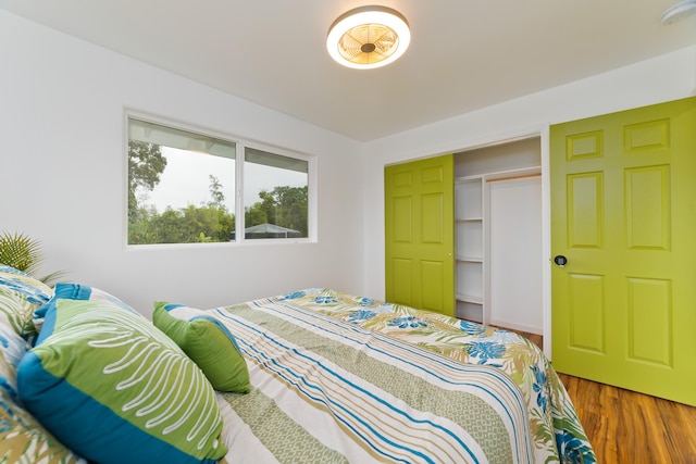 bedroom with hardwood / wood-style flooring and a closet