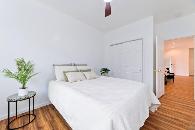 bedroom featuring dark hardwood / wood-style floors, a closet, and ceiling fan