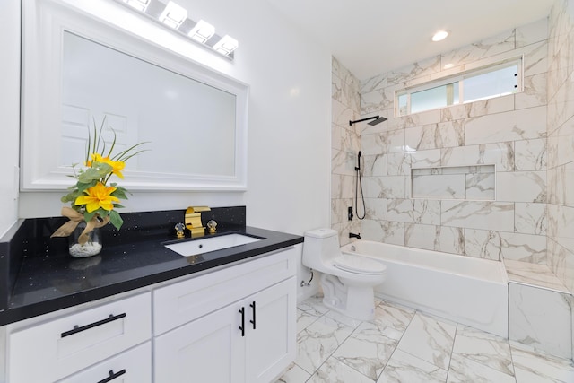 full bathroom featuring tiled shower / bath combo, toilet, and vanity