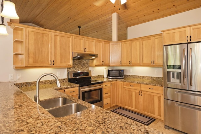 kitchen featuring pendant lighting, sink, vaulted ceiling, appliances with stainless steel finishes, and wood ceiling