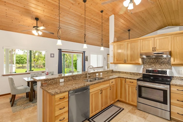 kitchen with hanging light fixtures, wooden ceiling, sink, and appliances with stainless steel finishes